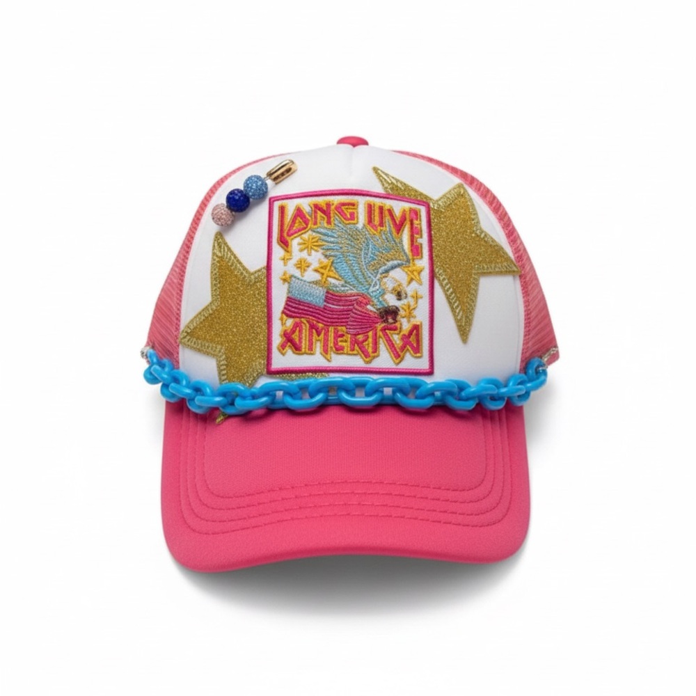 Vibrant Pink Trucker Hat with Gold Stars and Removable Acrylic Blue Chain